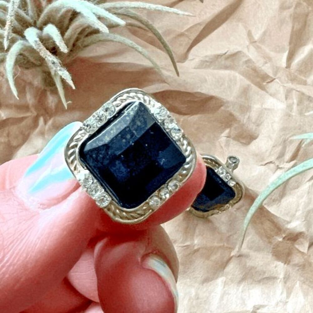 vtg 1980s square black gem rhinestone stud earrings silver tone‎ formal glam